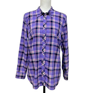 Women's Talbots Collared Purple White Pink Plaid Long Sleeve‎ Button Up Shirt L